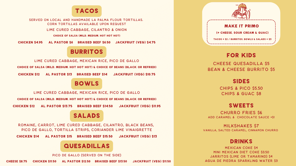 Taco Primo lunch and dinner menu — tacos, burritos, bowls, salads, quesadillas, sides, sweets, and drinks